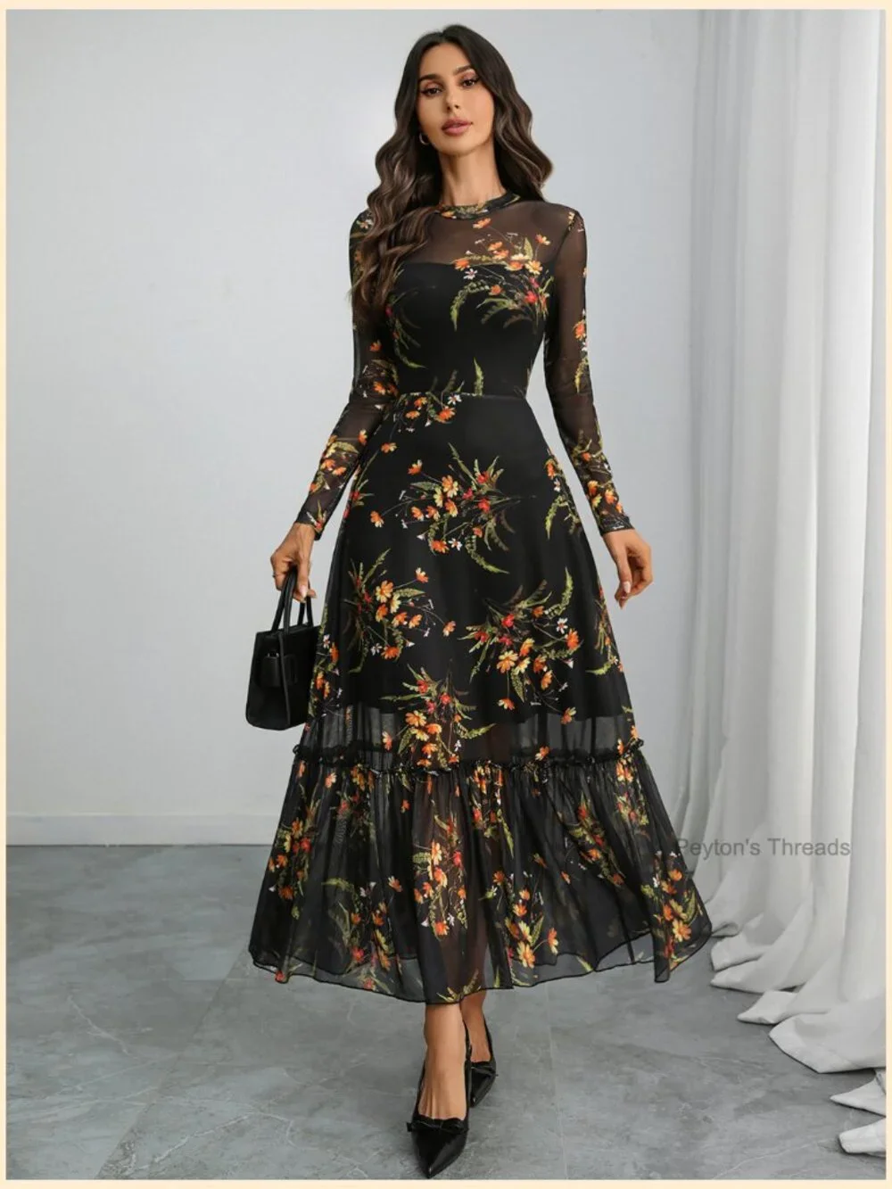 Floral Mesh Maxi Dress Long Sleeve A Line Ruffle Hem Wedding Guest - Picture 7 of 7